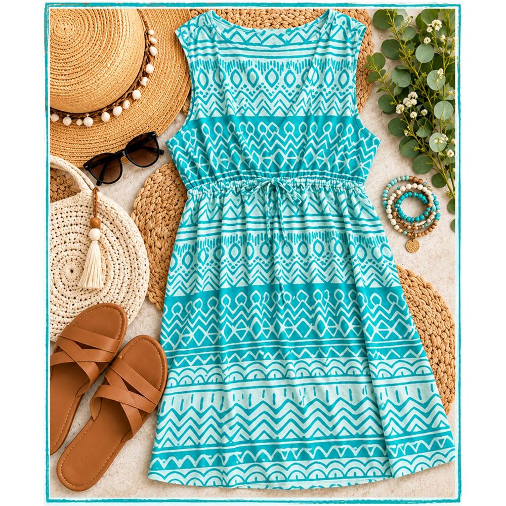 Faded Glory L 12/14 Aqua Tribal Print Sleeveless Drawstring Waist Dress